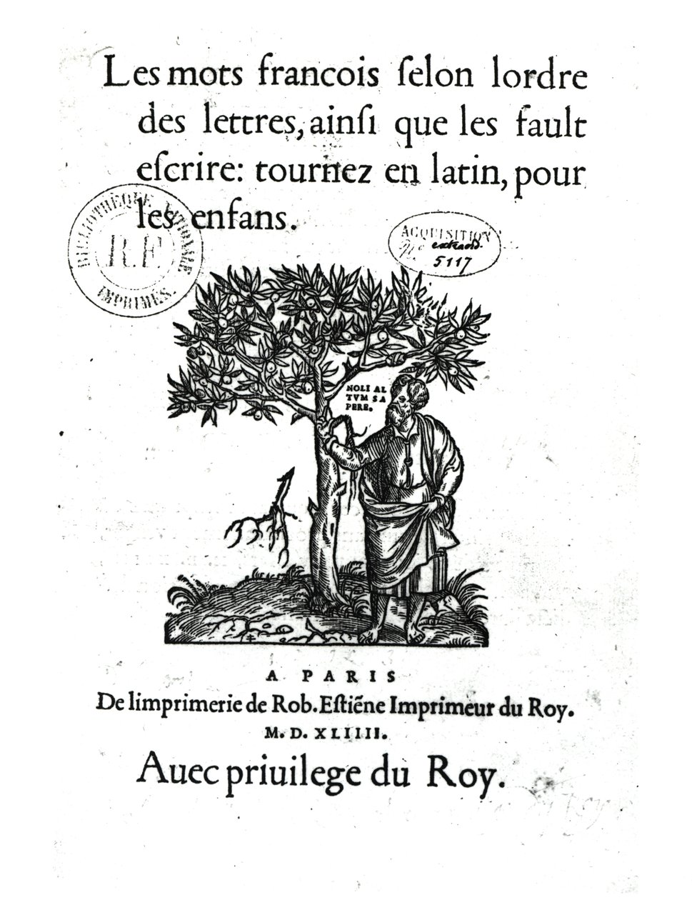 Titelsidan för den första fransk-latinska ordboken, 1544 av French School