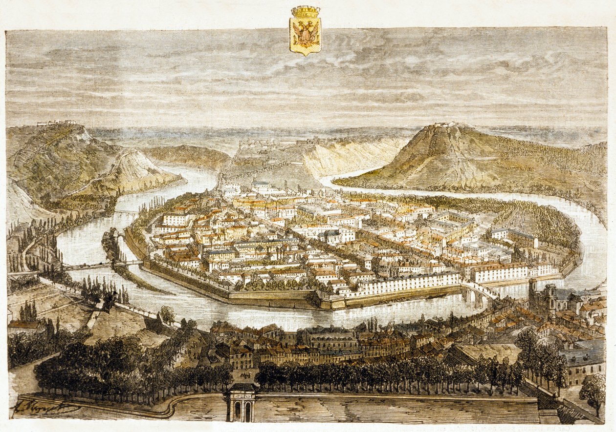 Vy över Besançon, Frankrike (färggravyr) av French School