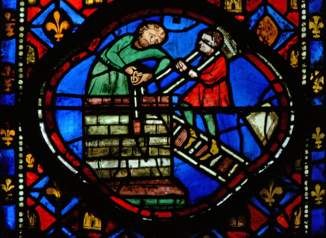 Fönster Ew-R som visar Theophilus bygger en kyrka av French School