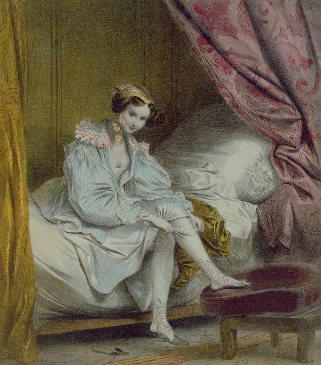 Kvinna som tar på sig strumpor, ca 1830 av French School