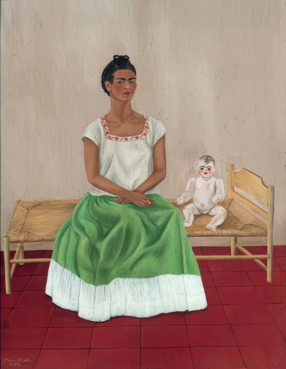 Självporträtt med säng av Frida Kahlo