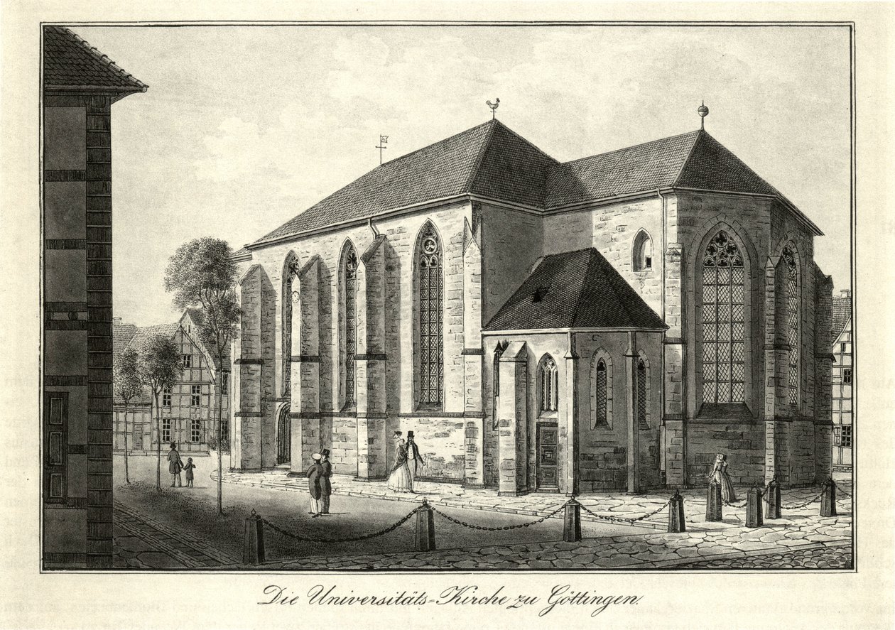 Utsikt över Niolaikirche och Nikolaikirchhof i Göttingen från sydost, använt som universitetskyrka sedan 1822. av Friedrich Besemann