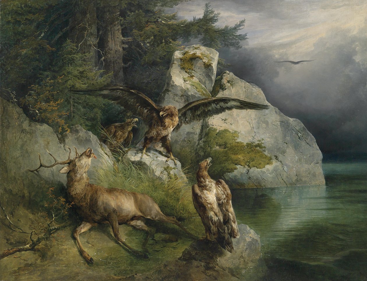 Adler und sterbender Hirsch av Friedrich Gauermann