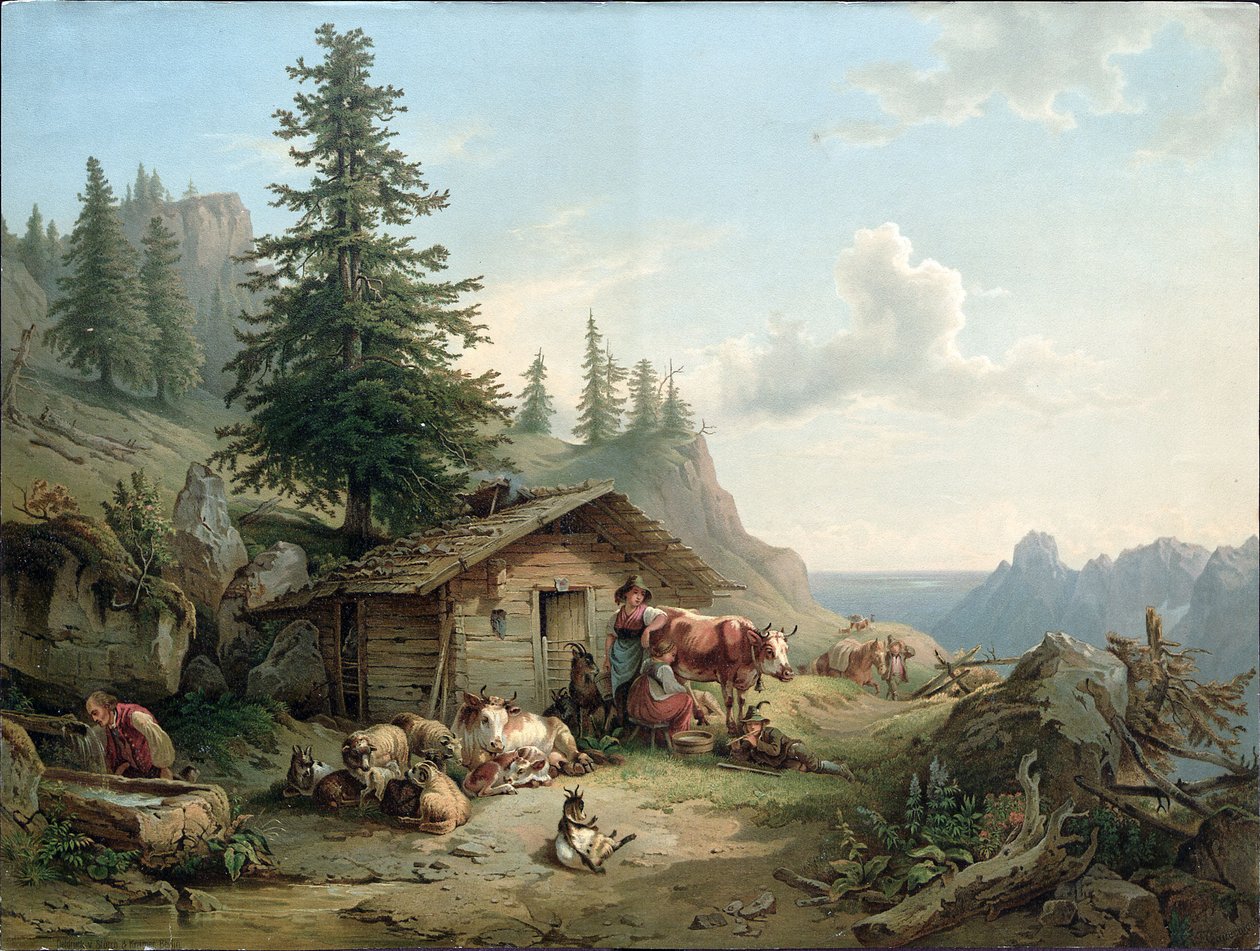 Alpenhütte auf dem Schafberg av Friedrich Gauermann