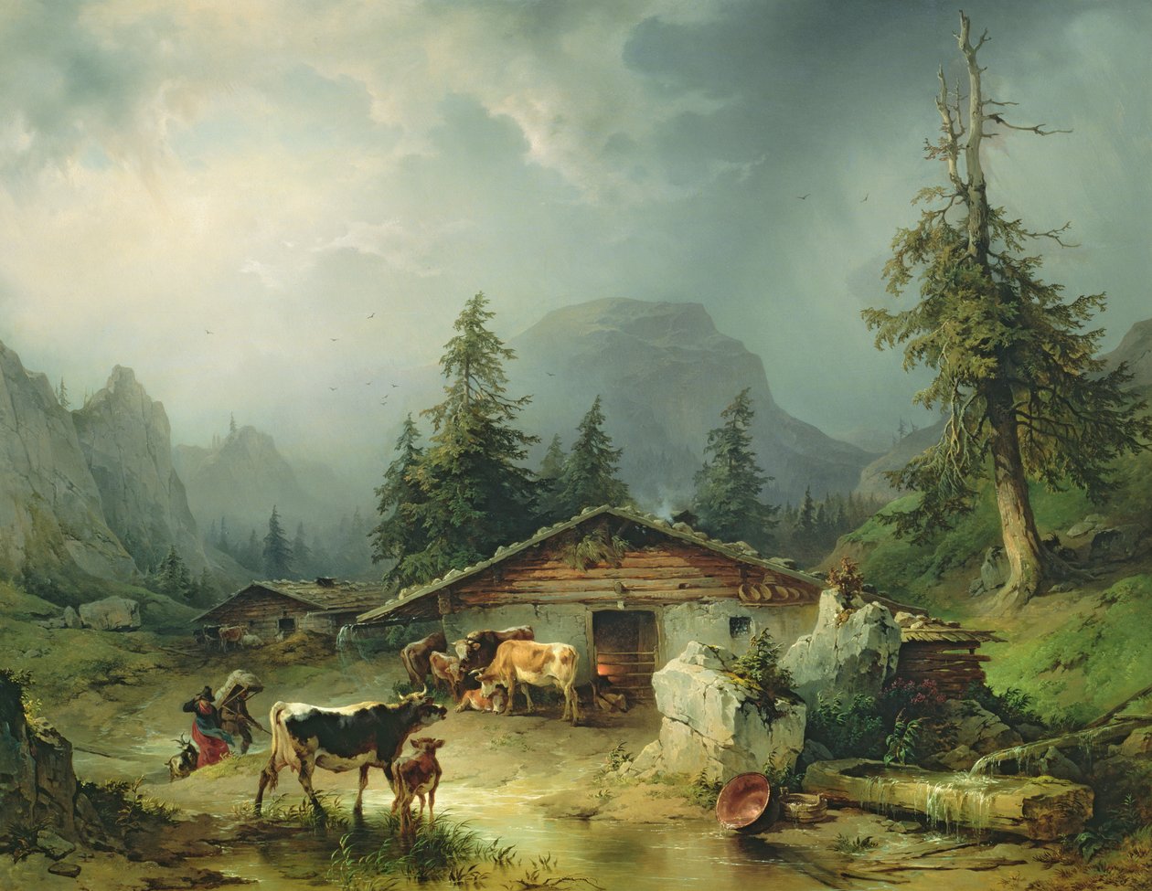 Alpstuga i regnväder, 1850 av Friedrich Gauermann