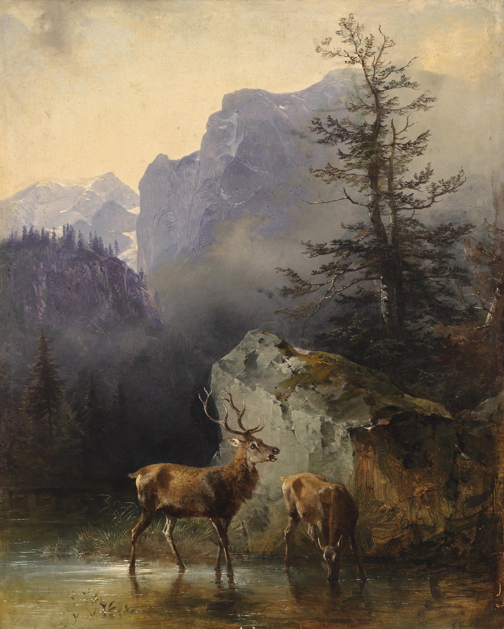 Hirsch und Tier an der Tränke av Friedrich Gauermann