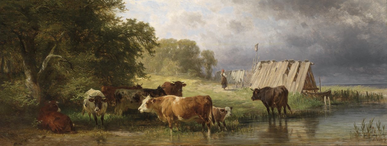 Rast der Kuhherde am Seeufer av Friedrich Johann Voltz