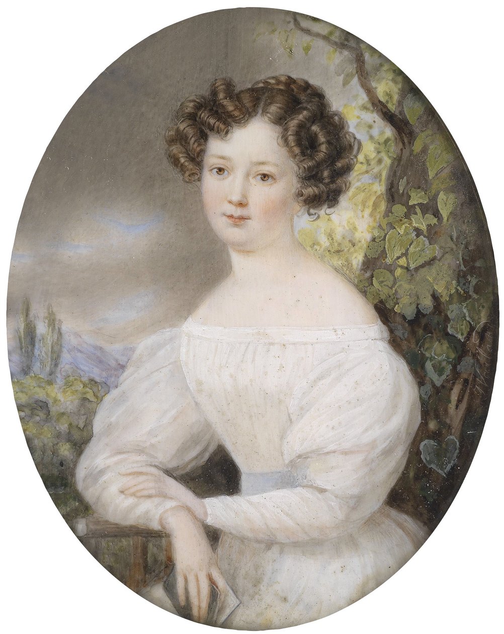 Porträtt av en ung kvinna i vit klänning, sitter i ett landskap av Friedrich Wailand