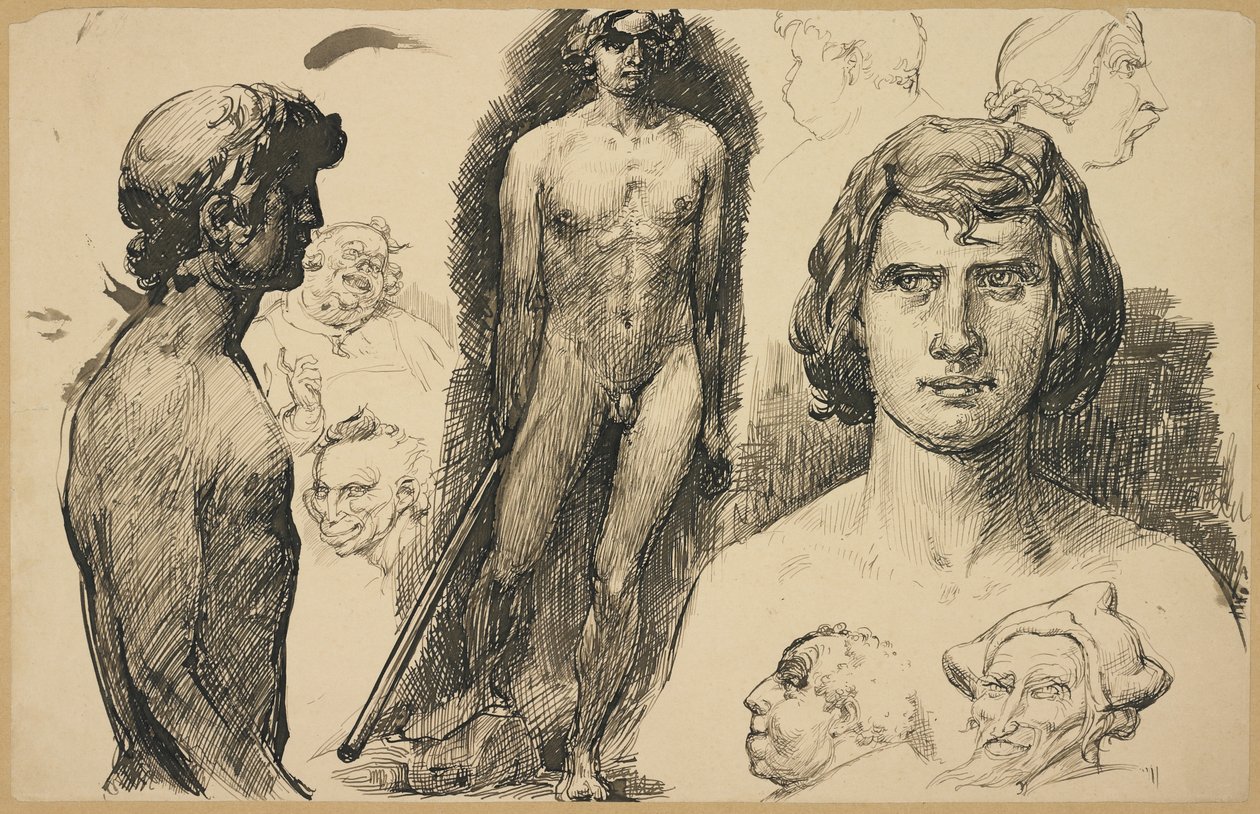 Blad med livsstudier och karikatyrer, 1892 av Fritz Erler