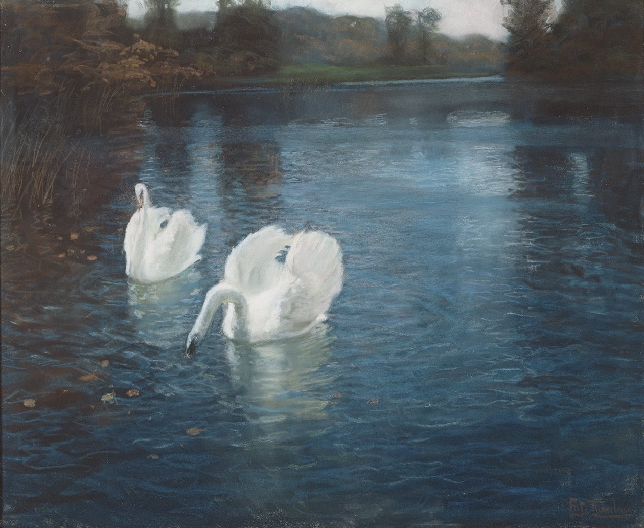 Swans on the river, ca 1880 (krita på papper) av Frits Thaulow