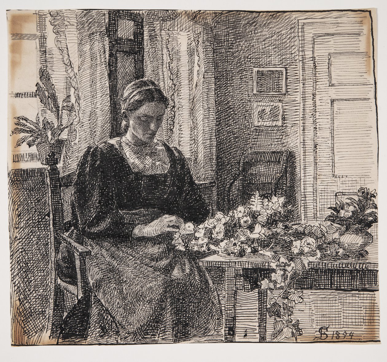 Min fru (fru Anna Syberg) binder kransen av Fritz Syberg