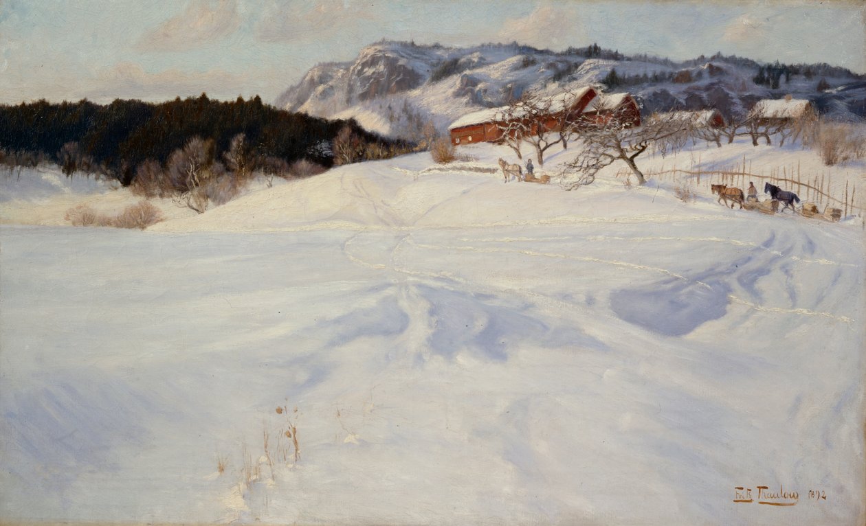 Snöplats med släde, Fleksum av Fritz Thaulow