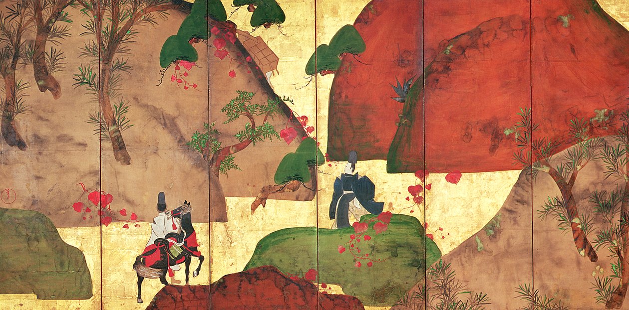 The Narrow Road of Ivy (penna och bläck, färg och guldpapper på panel) av Fukae Roshu