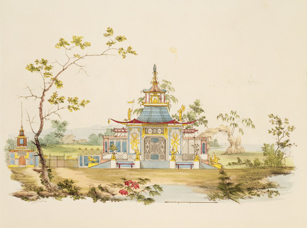 Design för ett kinesiskt tempel, ca 1810 (penna och bläck och wc på papper) av G. Landi