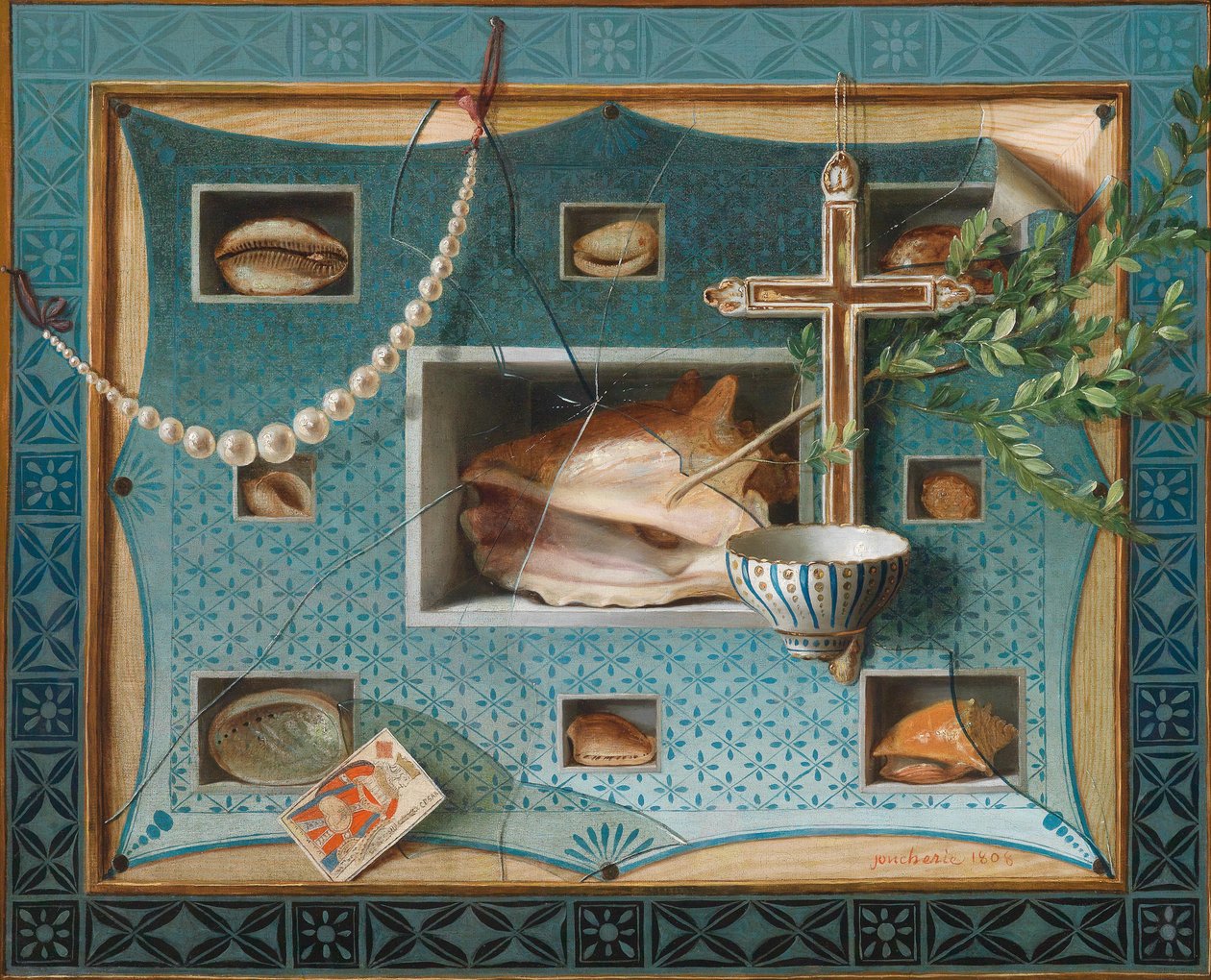 Trompe-L’oeil stilleben med konstkammarföremål av Gabriel Germain Joncherie