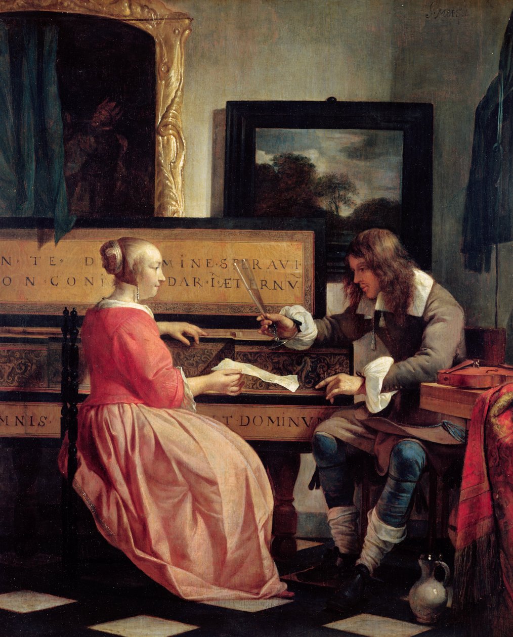 En man och en kvinna som sitter av en jungfru, c.1665 av Gabriel Metsu