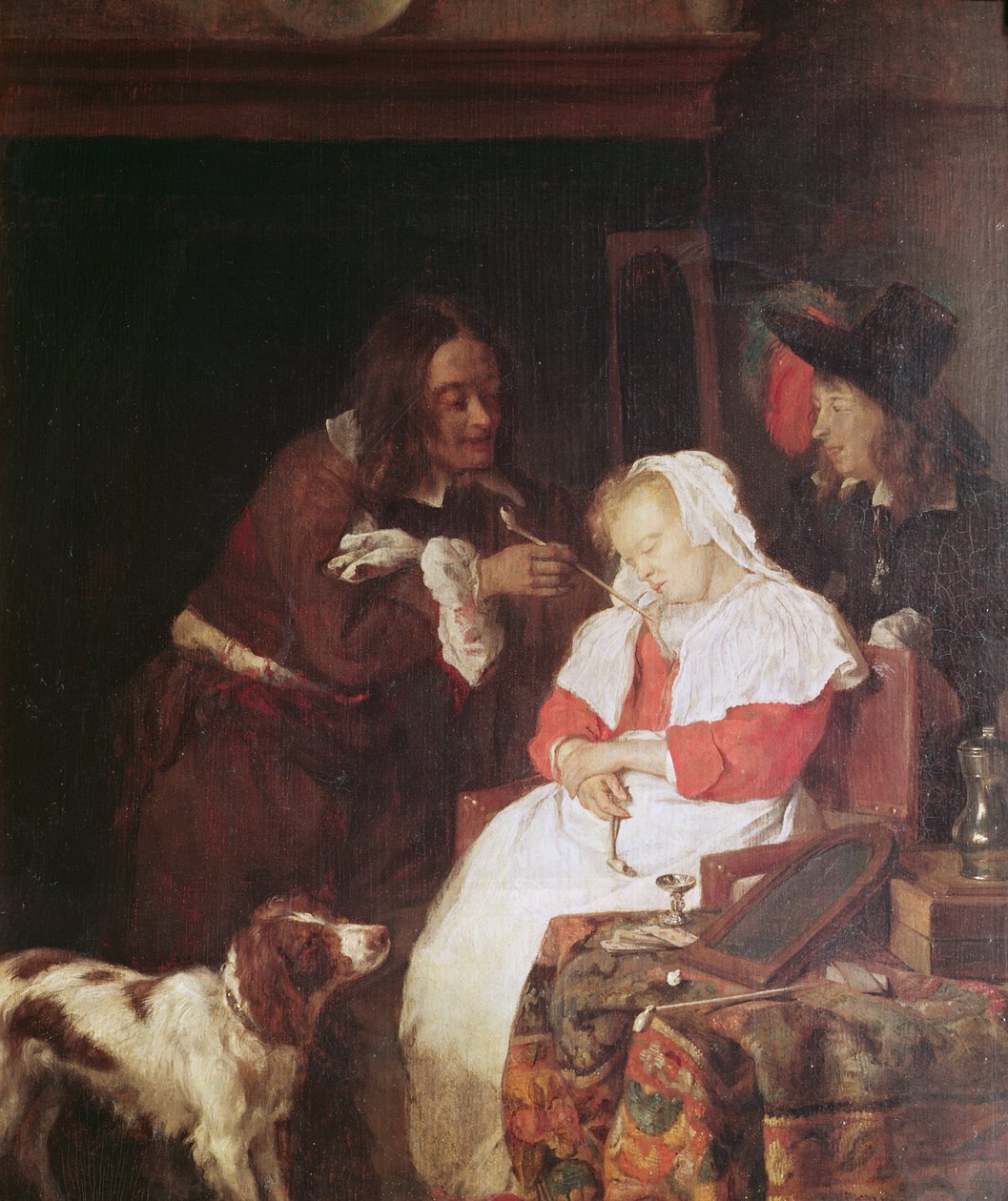 Två män med en sovande kvinna, ca 1655-60 (olja på ekpanel) av Gabriel Metsu