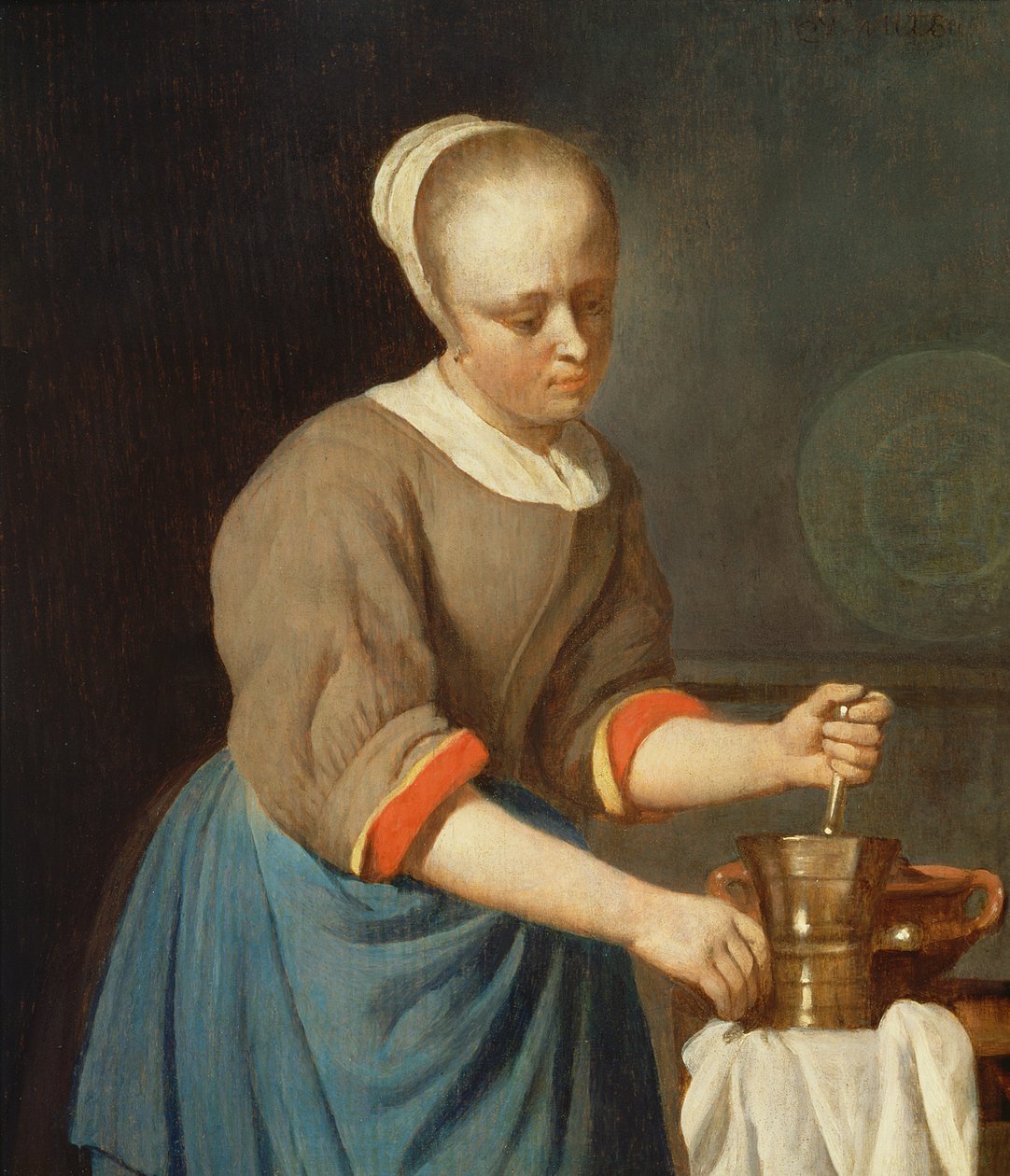 Ung flicka med mortelstöt och mortel av Gabriel Metsu