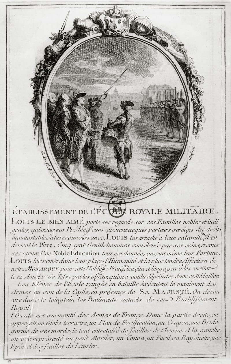 Ludvig XV (1710-74) Besöker Ecole Militaire i Paris, 12 augusti 1760, graverad av Antoine Duclos (1742-97) av Gabriel de Saint Aubin