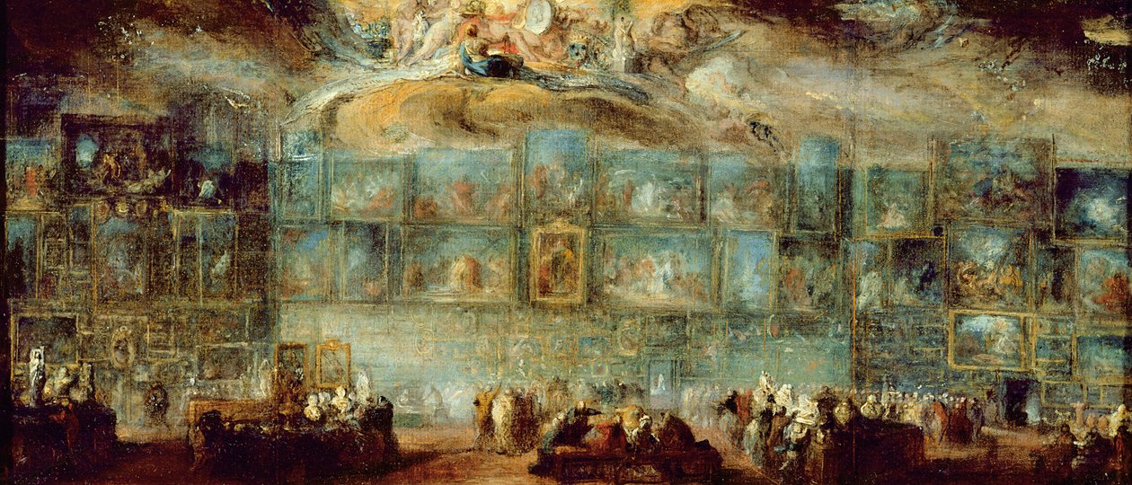Utsikt över salongen vid Louvren, 1779 (olja på papper på duk) av Gabriel de Saint Aubin