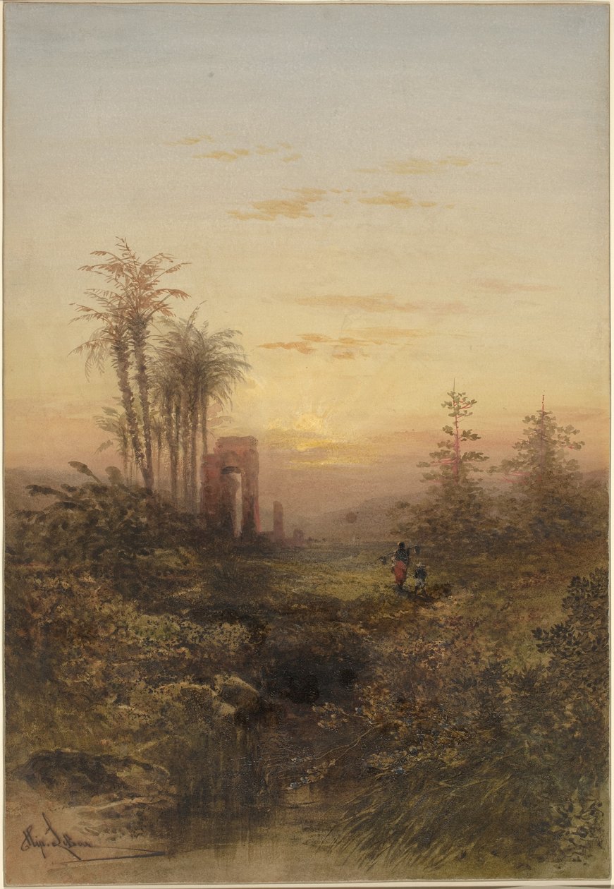 Solnedgång i ett orientaliskt landskap av Gabriel Hippolyte Lebas