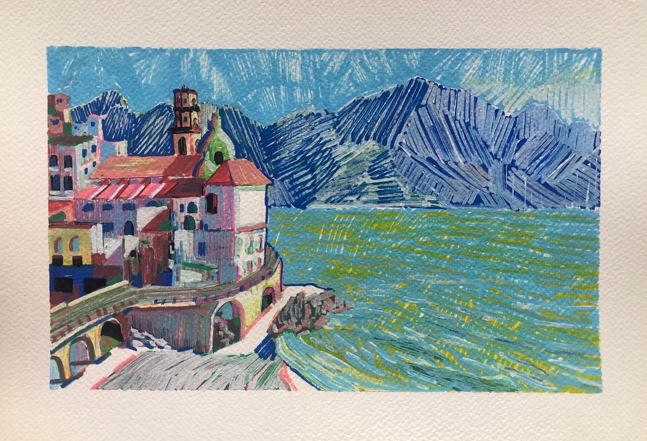 Capri, Italien, 2023 (akryl på papper) av Gabriel Palma