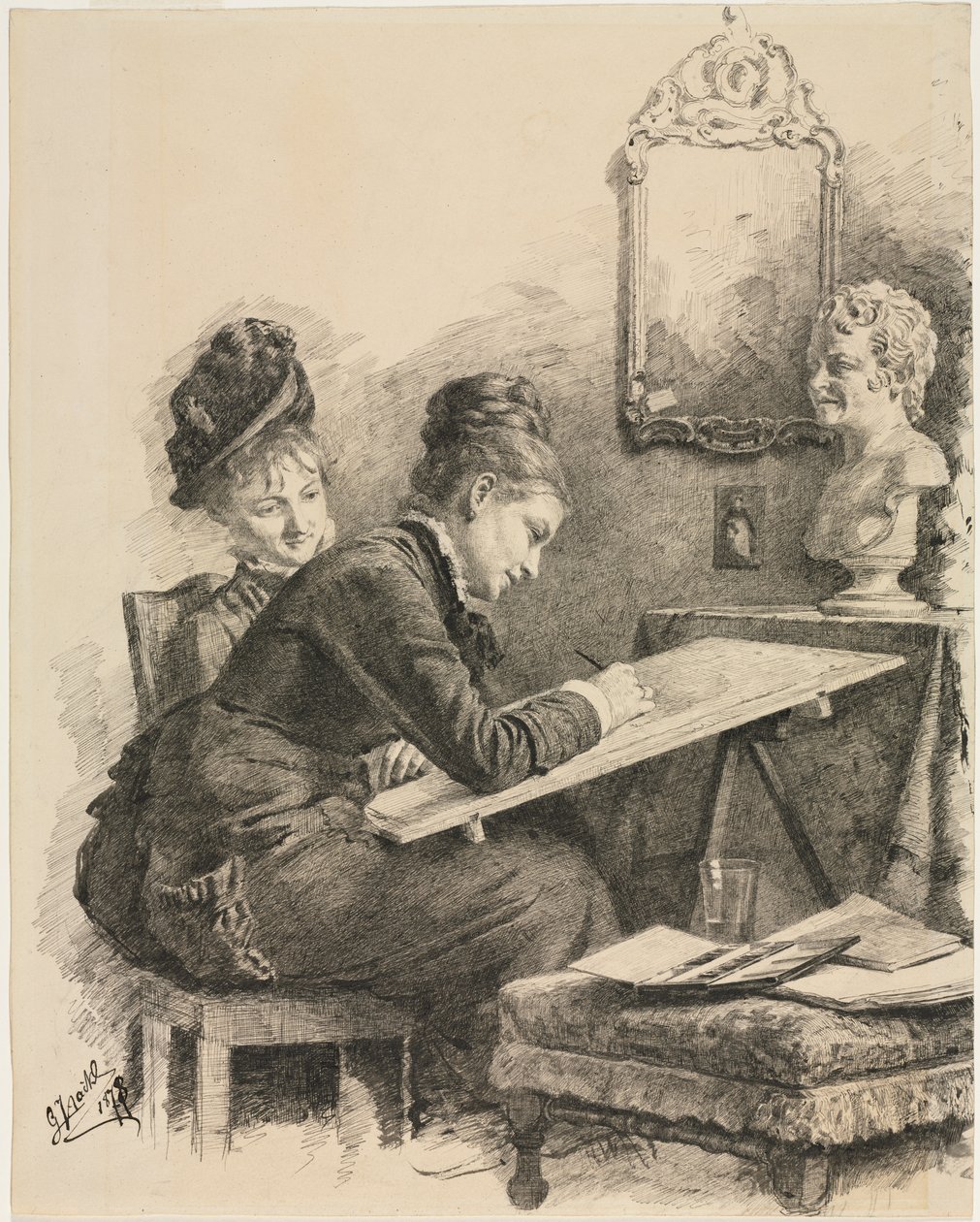 Två kvinnor som skissar en skulptur, 1878. av Gabriel von Hackl