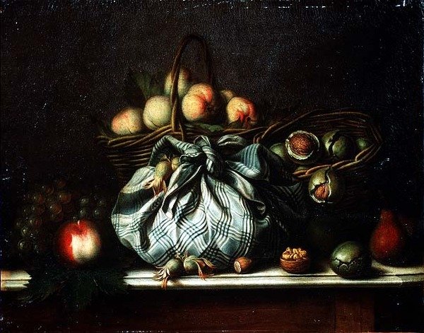 Korgar med frukt, valnötter och nötter i en ryggsäck, 1733 av Gagneux