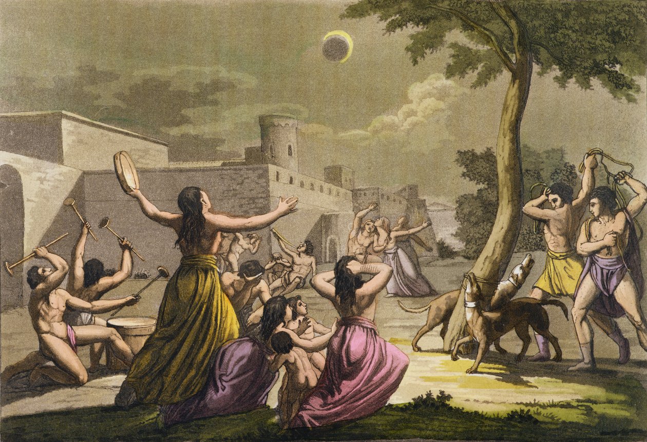 Peruanernas skräck under en månförmörkelse, från "Le Costume Ancien et Moderne", volym I, tavla 19, av Jules Ferrario, publicerad omkring 1820-30-talet (färggravyr). av Gallo Gallina