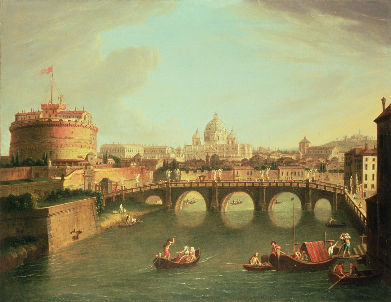 Utsikt över Rom med bron och Castel St. Angelo vid Tibern av Gaspar van Wittel