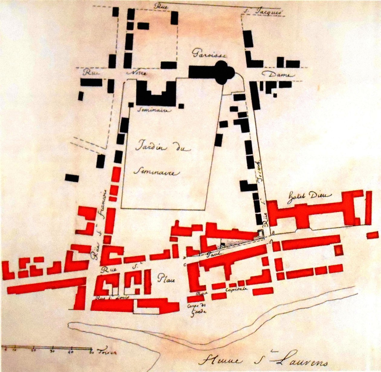 I rött förstör den montreal-sektorn under elden av Gaspard Joseph Chaussegros de Léry