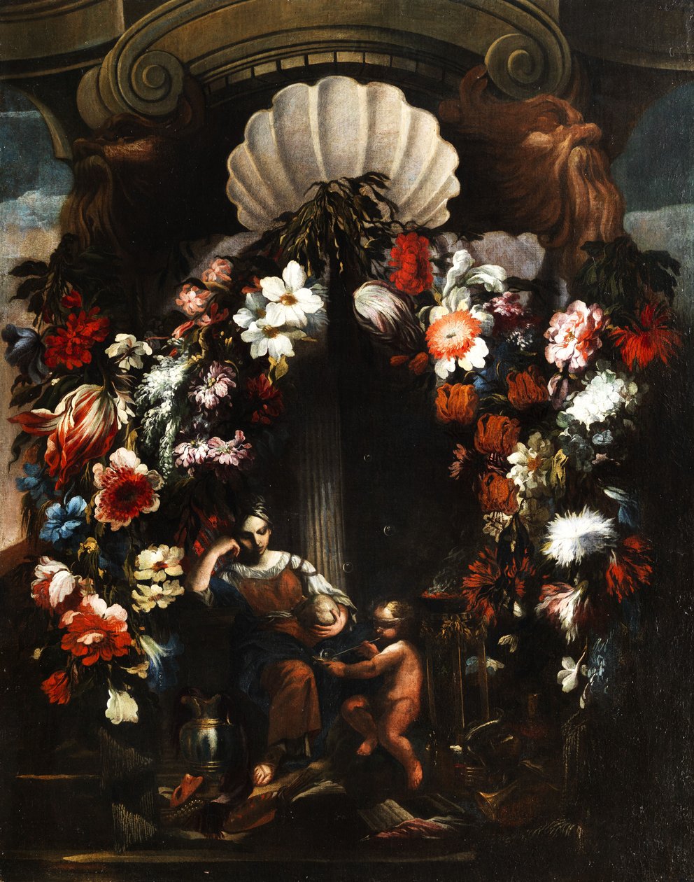 Allegorie der Künste und Wissenschaften (mit Putto mit Blasrohr und Seifenblase). av Gasparo Lopez