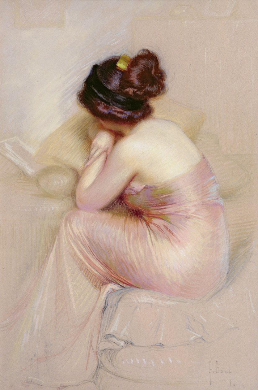 Studie av ung kvinna i en satängklänning (pastellfärgad på papper) av Gaston Bouy