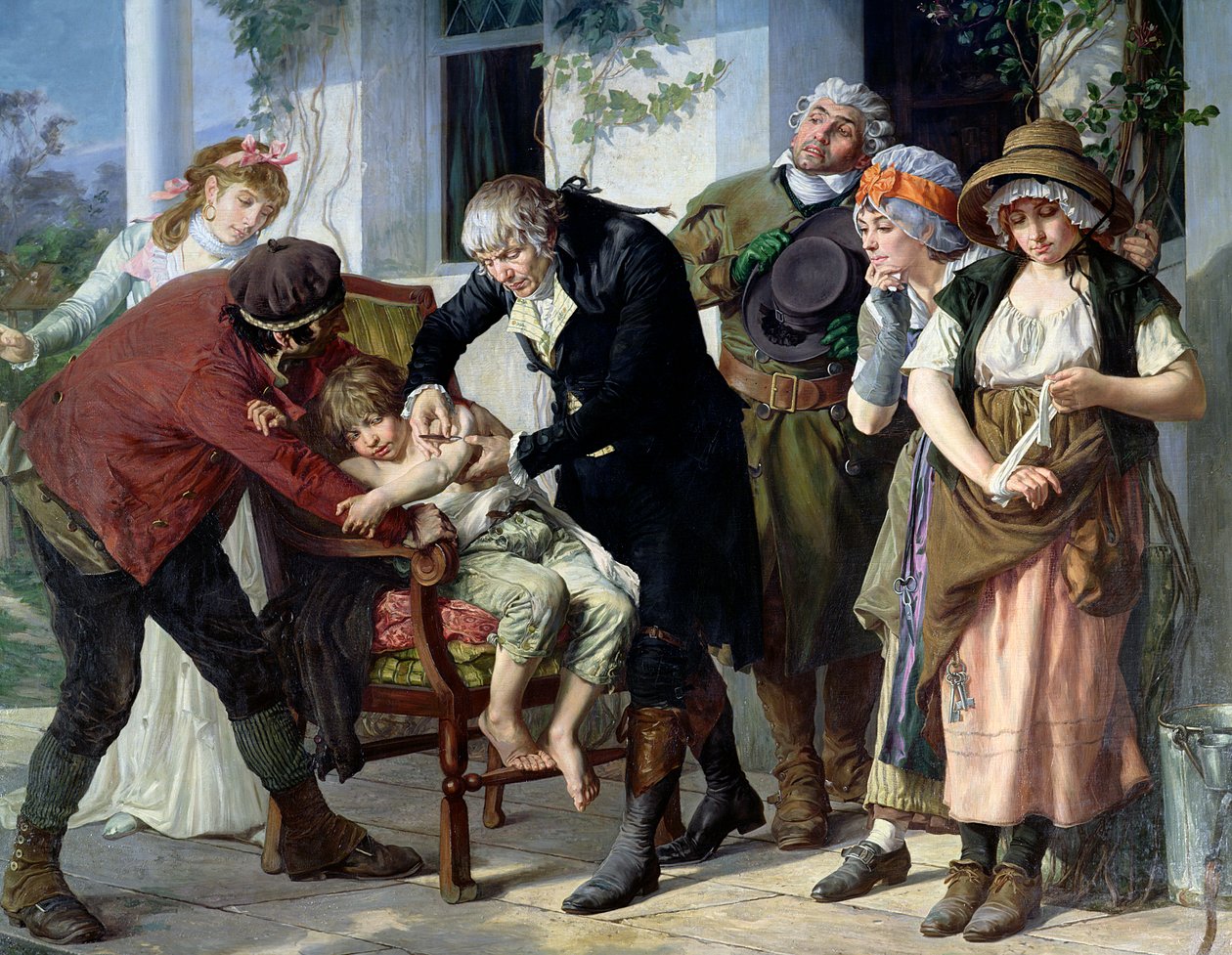Edward Jenner (1749-1823) som utförde den första vaccinationen mot smittkoppor 1796, 1879 (detalj) (se även 166614) av Gaston Melingue