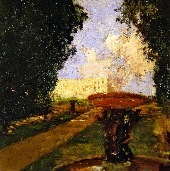Trädgårdslandskap (olja på panel) av Gaston de la Touche