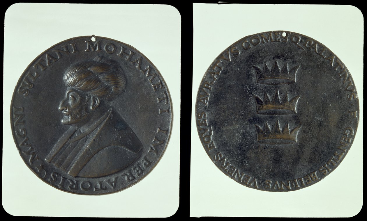 Porträttmedalj, framsida föreställande sultan Mehmed II (1432-81), baksida föreställande tre kronor (brons). av Gentile Bellini