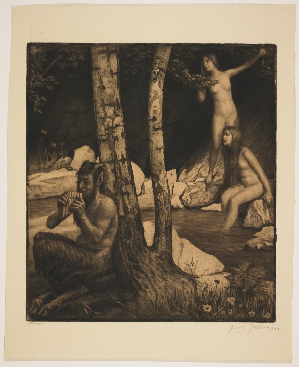 Fluting Faun (etsning och mezzotint) av Georg Jahn