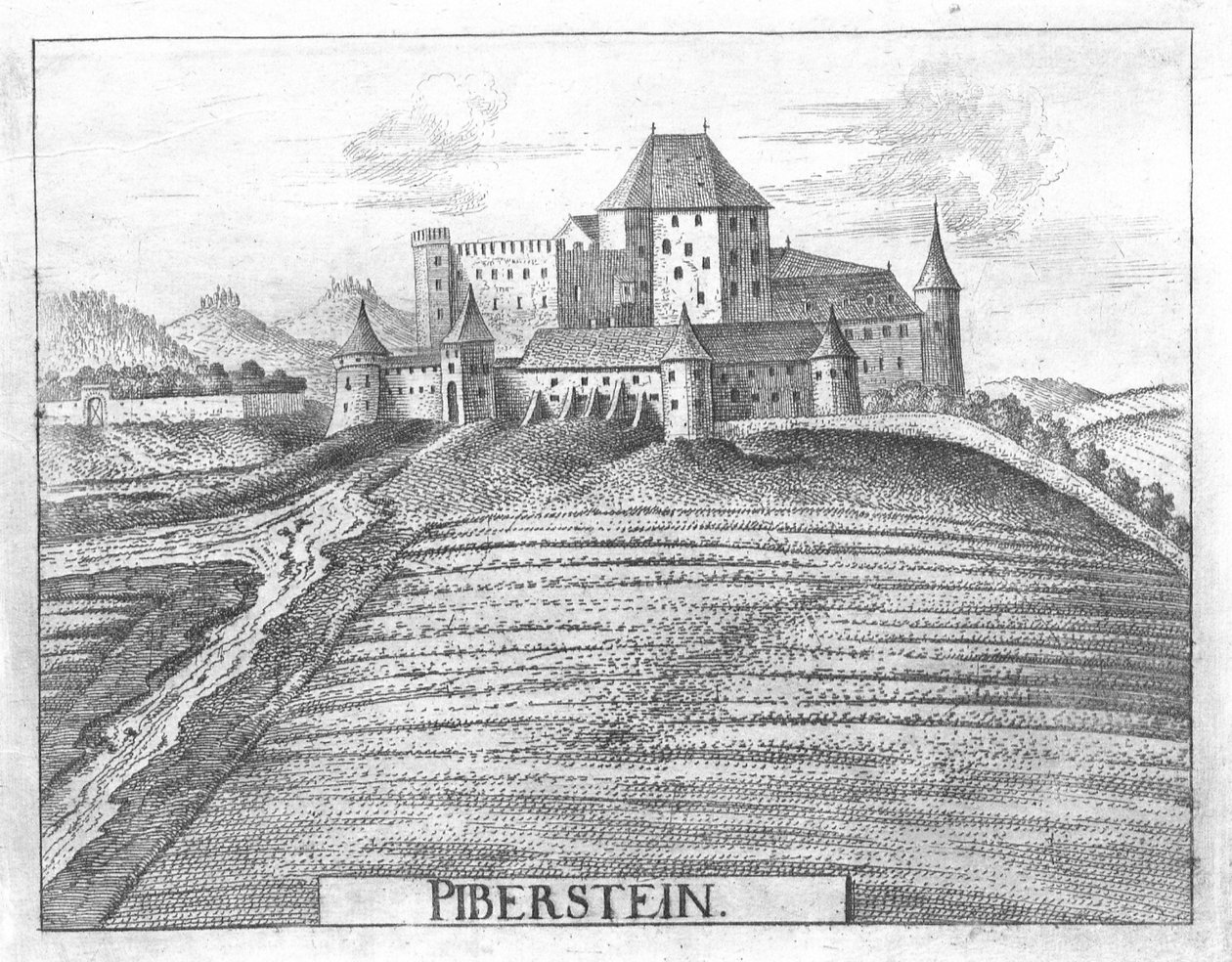 Koppargravering, utsikt över Piberstein slott, Övre Österrike av Georg Matthaus Vischer