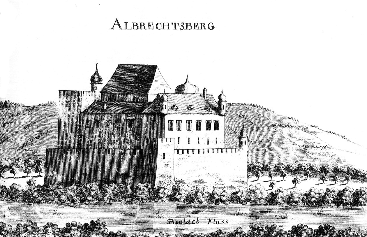 Vischer gravyr av Albrechtsbergs slott ca. 1672 av Georg Matthaus Vischer