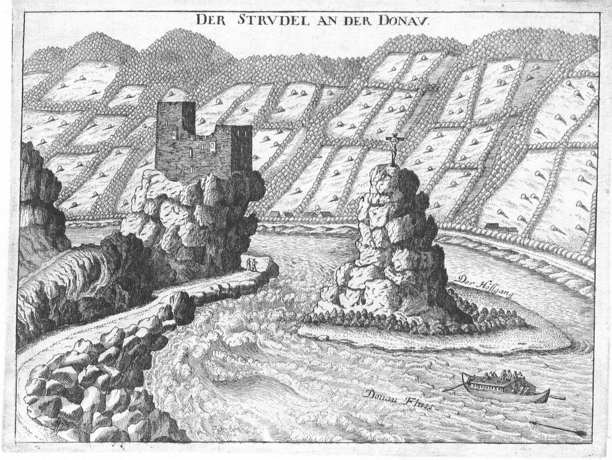 Engraving, view of Werfenstein castle, and the Wörth island, Upper Austria av Georg Matthaus Vischer