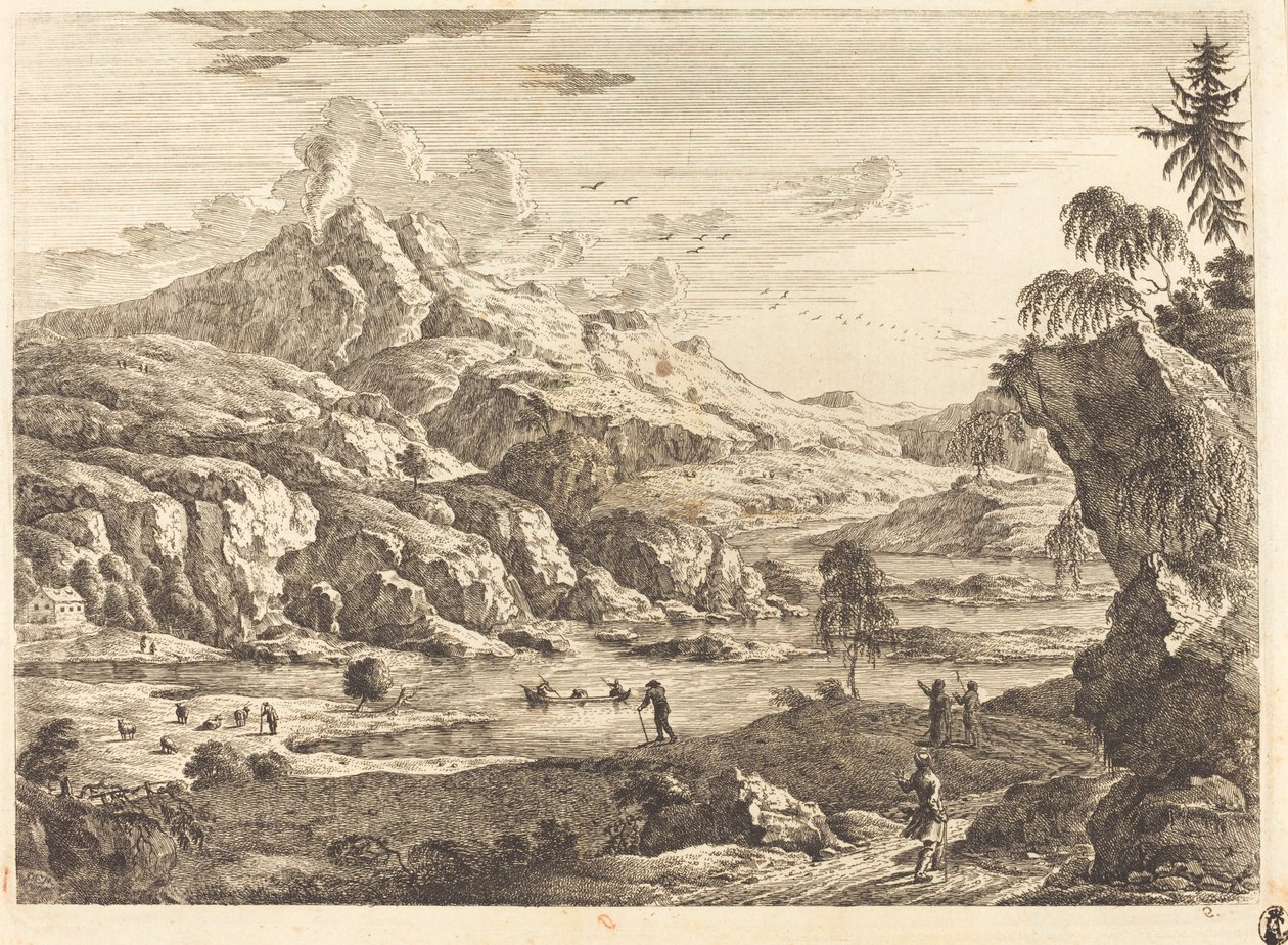 Bergigt flodlandskap med figurer av Georg Eisenmann