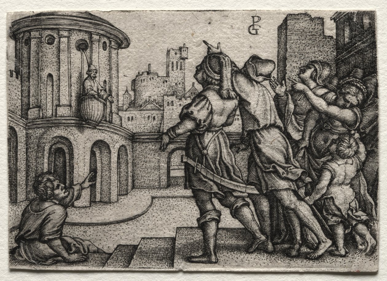 Virgil hängande i en korg av Georg Pencz