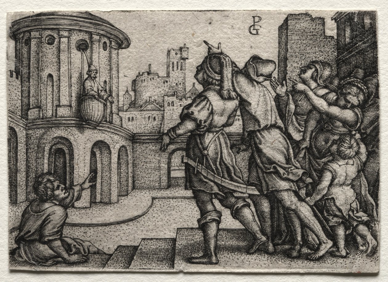 Vergilius hängande i en korg, c.1541-42. av Georg Pencz