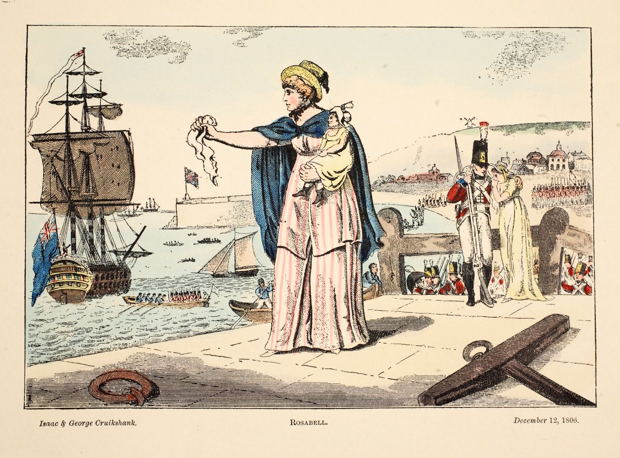 Rosabell, pub. 1806 (handkolorerad gravyr) av Isaac, Robert and George Cruikshank
