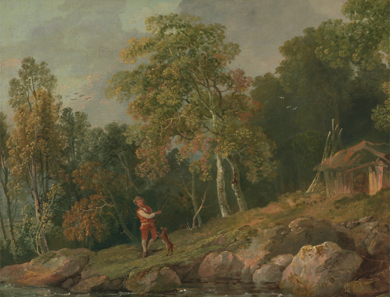 Skogslandskap med en pojke och hans hund av George Barret