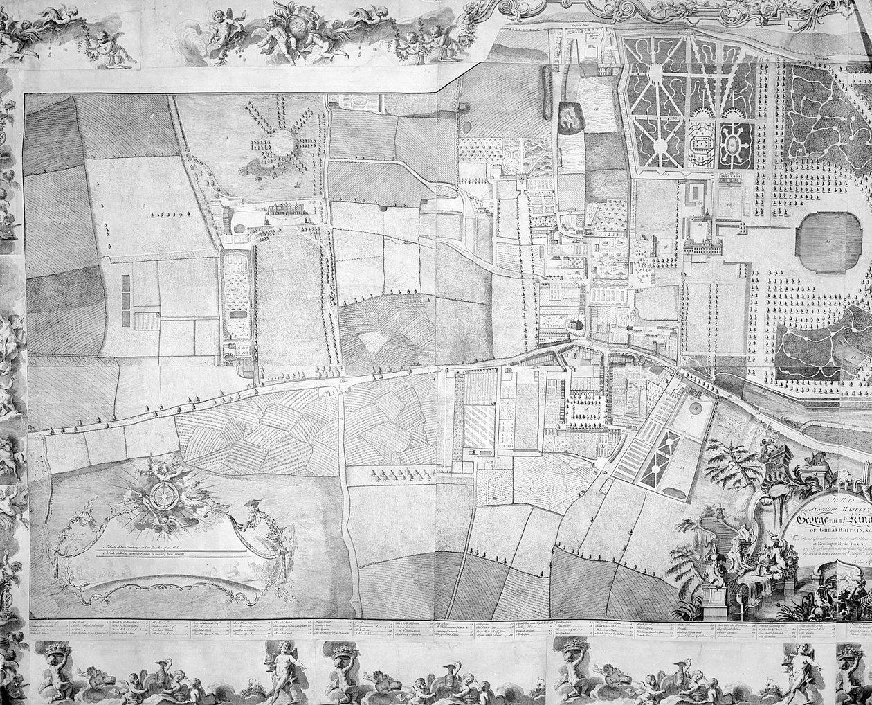 Detalj (vänster sida) av planen över Kensington Palace av Joshua Rhodes, 1764 av George Bickham