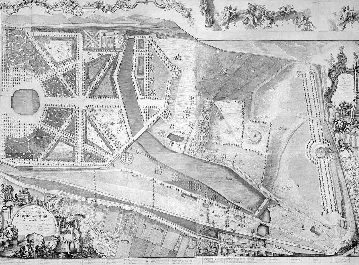 Detalj (höger sida) av planen över Kensington Palace av Joshua Rhodes, 1764 av George Bickham