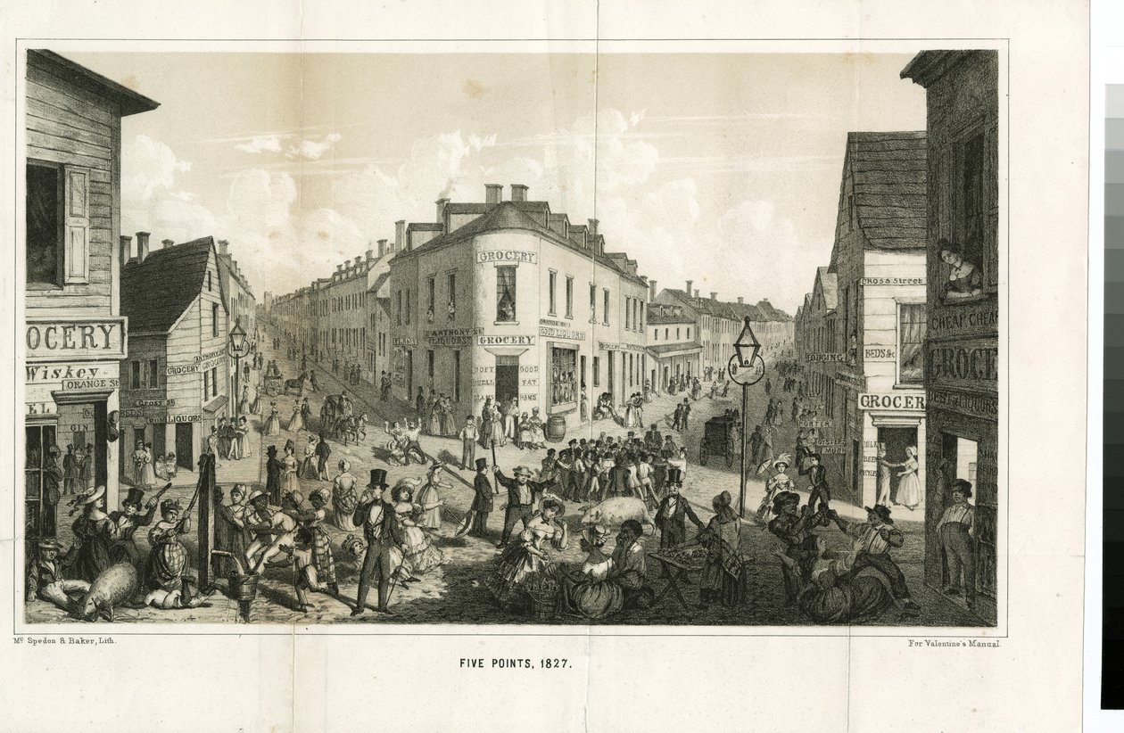 Five Points, 1827, graverad av McSpedon und Baker, 1855 av George Catlin
