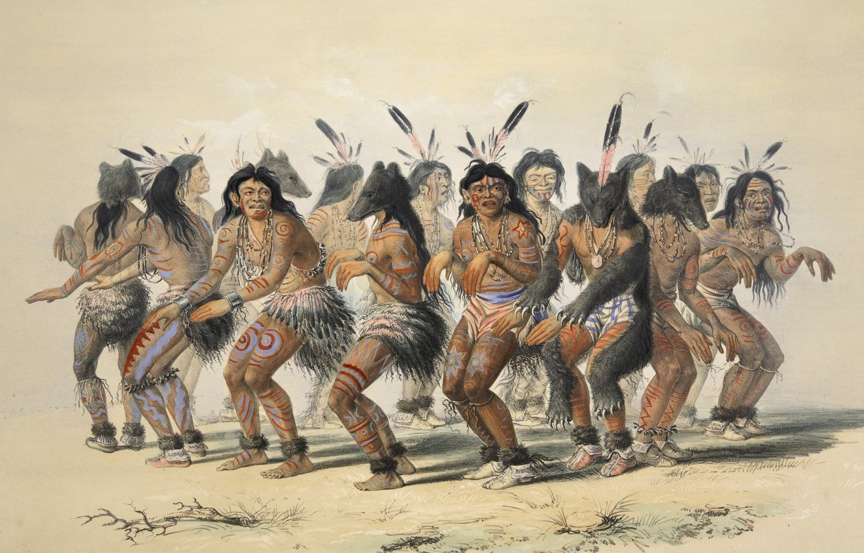Björndansen (detalj), från Catlins North American Indian Portfolio. Hunting Scenes and Amusements of the Rocky Mountains and Prairies of America, pub. 1845 av George Catlin
