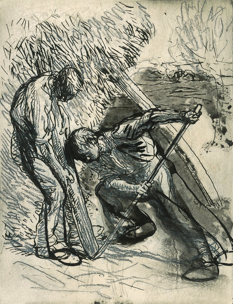 Propping the Rick, c.1900 (penna, penna och bläck över en provetsning) av George Clausen